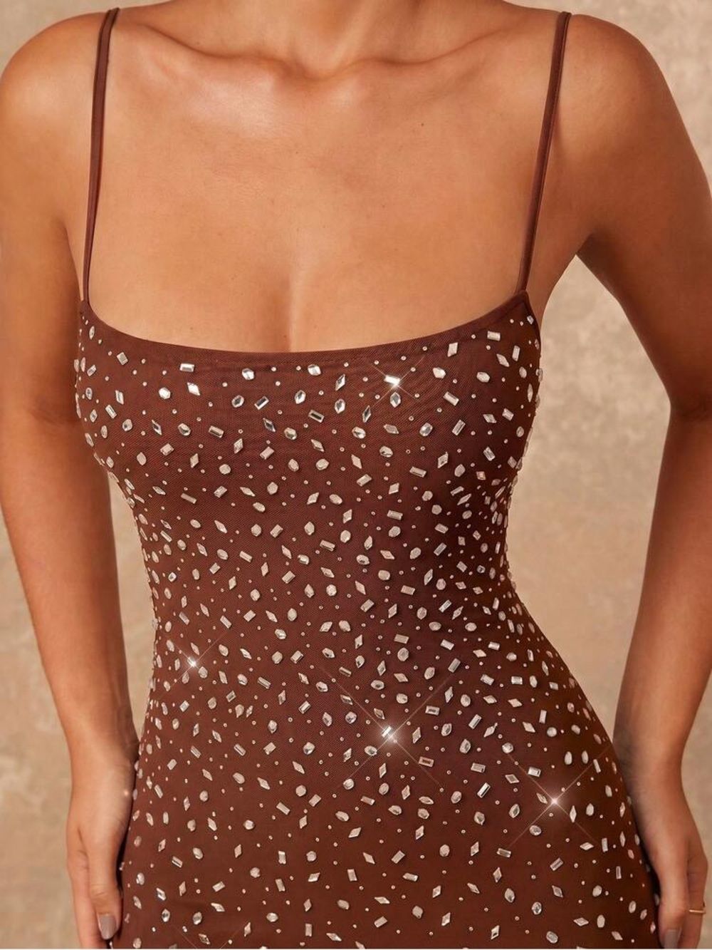 NWT SHEIN Brown Rhinestone Embellished Spaghetti Strap Net Midi Dress Size Large